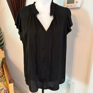 KATWALK Black Silky Loose Fit Sleeveless Top! Pleated Sleeve caps & Neckline! Lg